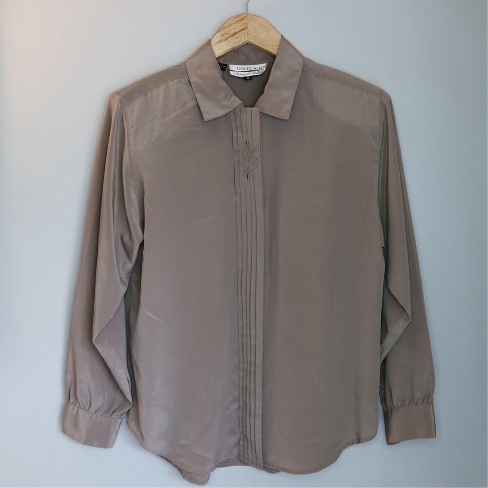 Liquid Silk Taupe Satin Blouse Pintuck Embroidered Button Up Shirt 6